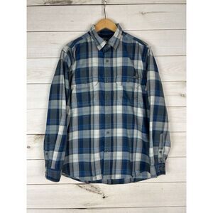 Eddie Bauer Button Shirt Mens M‎ Blue Plaid Travex Flannel Outdoor Hiking GREAT